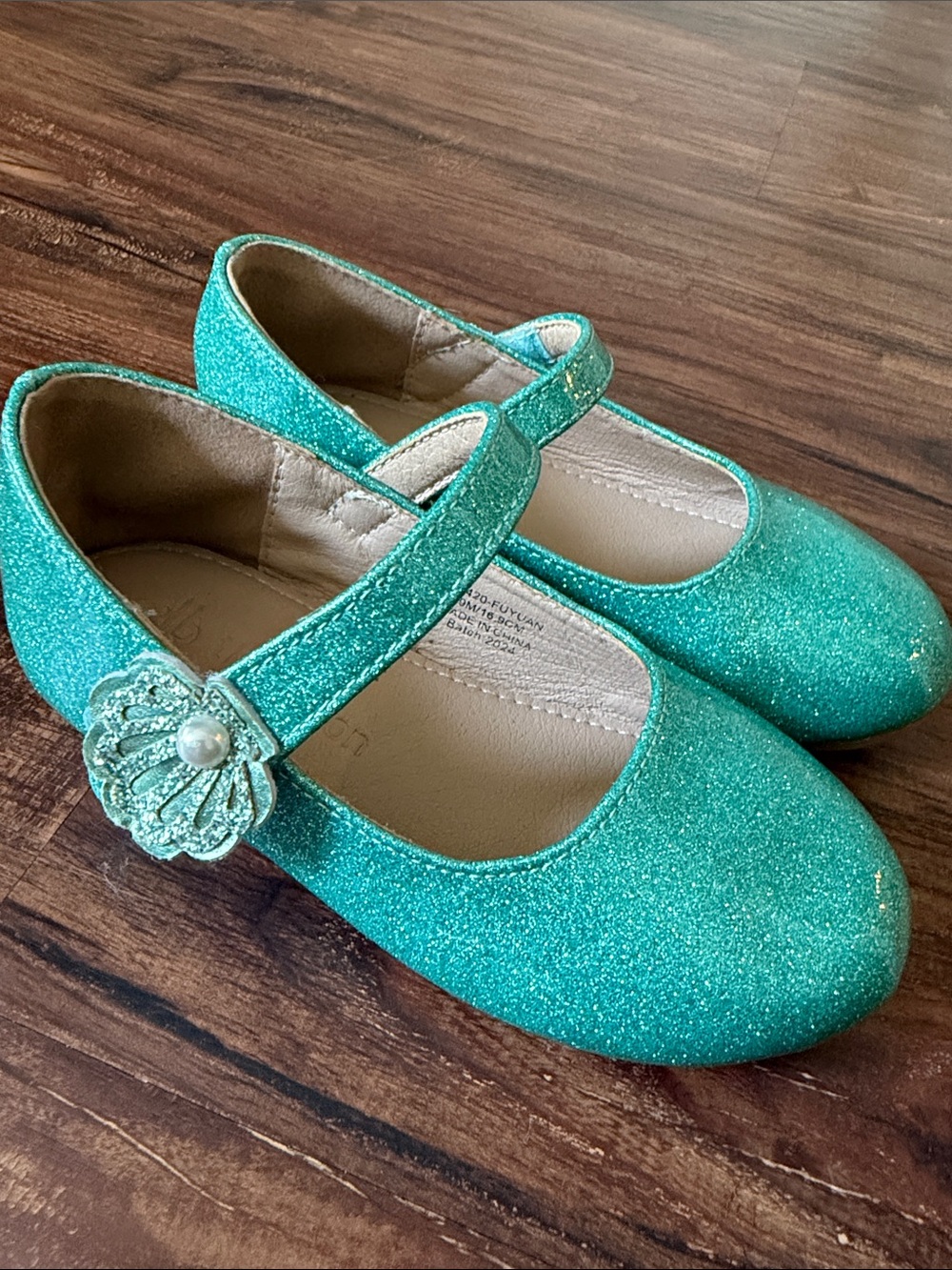 Girls Glitter Teal Mary Jane Shoes with sea shell Detail